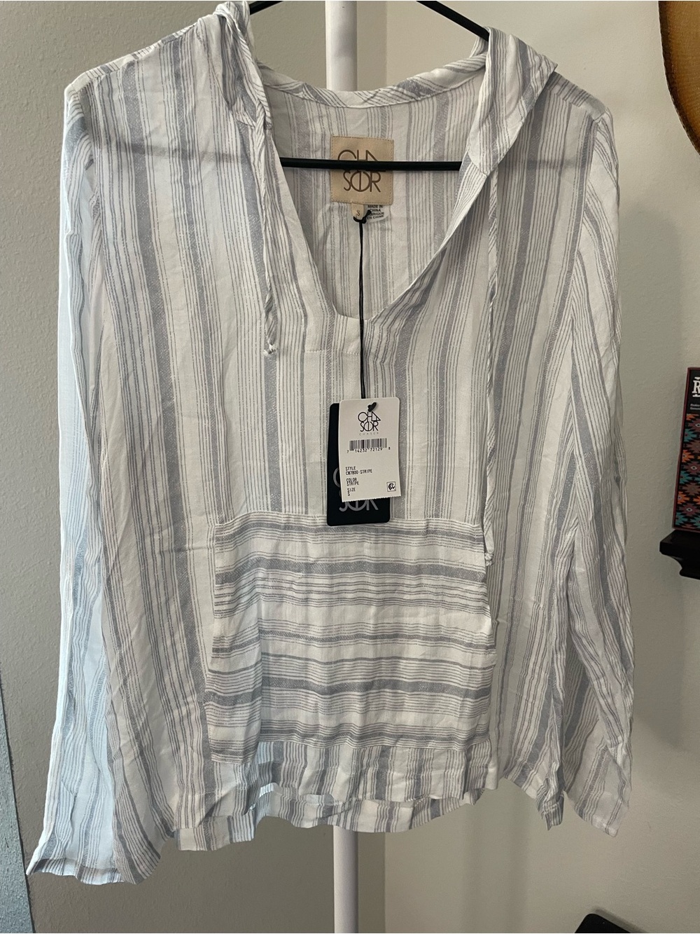 Chaser White and Gray Striped Hooded Tunic Top